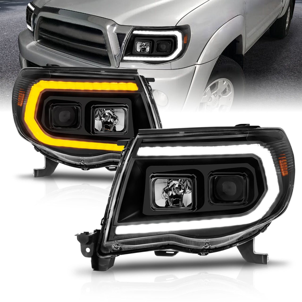 TOYOTA TACOMA 05-11 PROJECTOR SEQUENTIAL LIGHT BAR STYLE HEADLIGHTS BLACK AMBER  (W/ C LIGHT BAR)