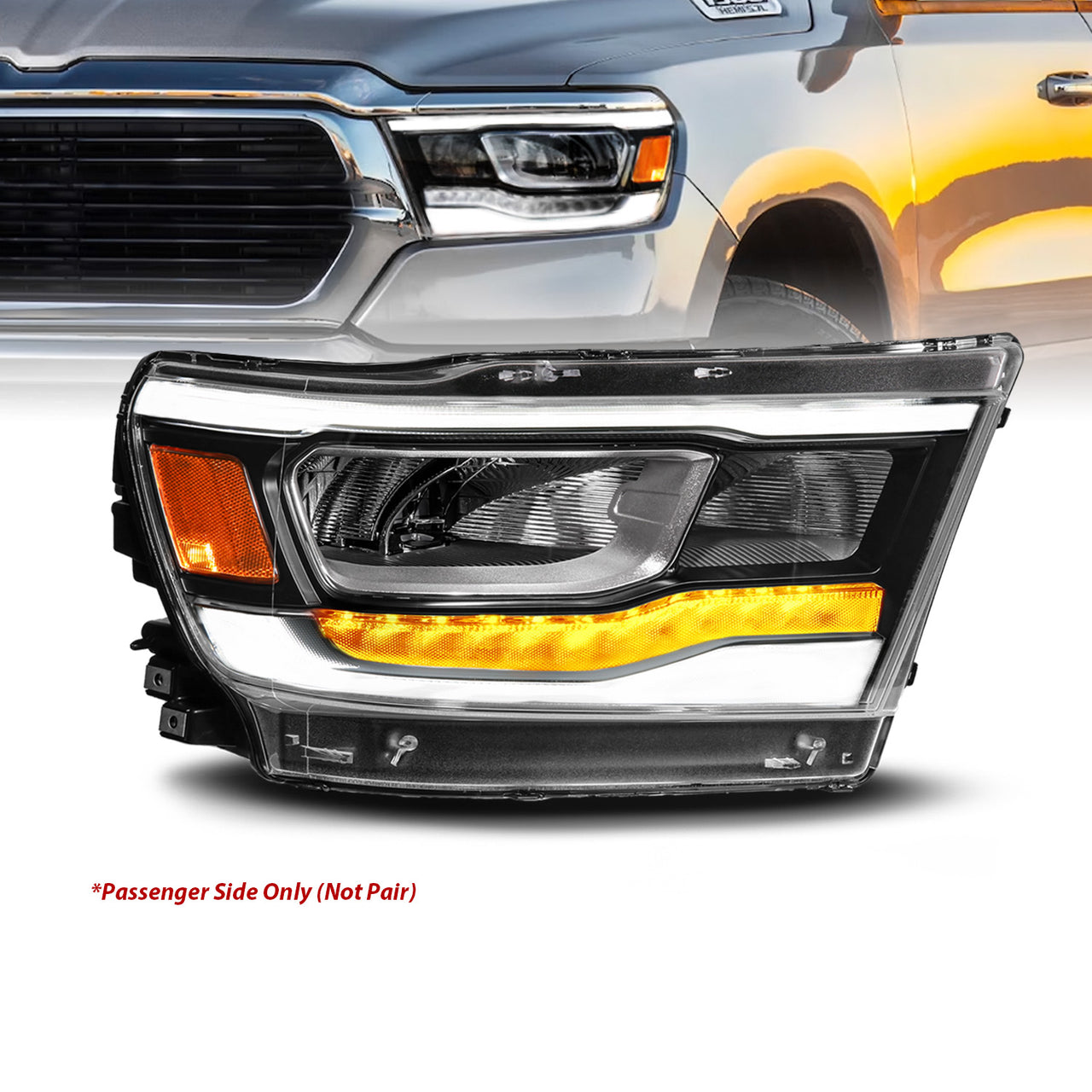 DODGE RAM 1500 (NEW BODY) (FACTORY HALOGEN MODEL) 19-UP  FULL LED HEADLIGHTS BLACK LIGHT BAR W/DRL (RIGHT SIDE)