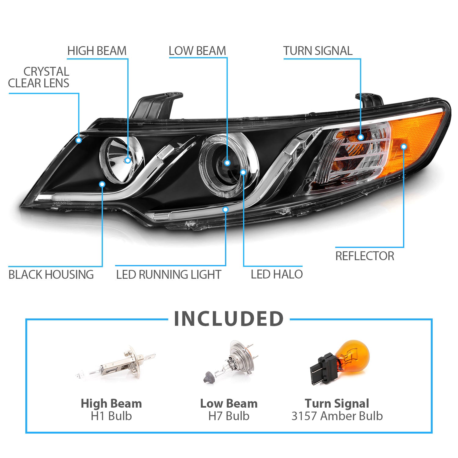 KIA FORTE 10-13 PROJECTOR HEADLIGHTS HALO BLACK CLEAR G3 AMBER