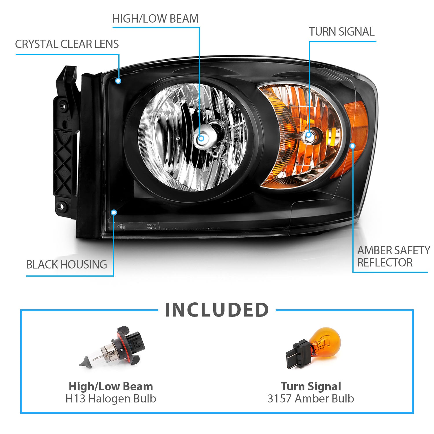 DODGE RAM 1500 06-08/ 2500/3500 06-09  HEADLIGHTS BLACK AMBER