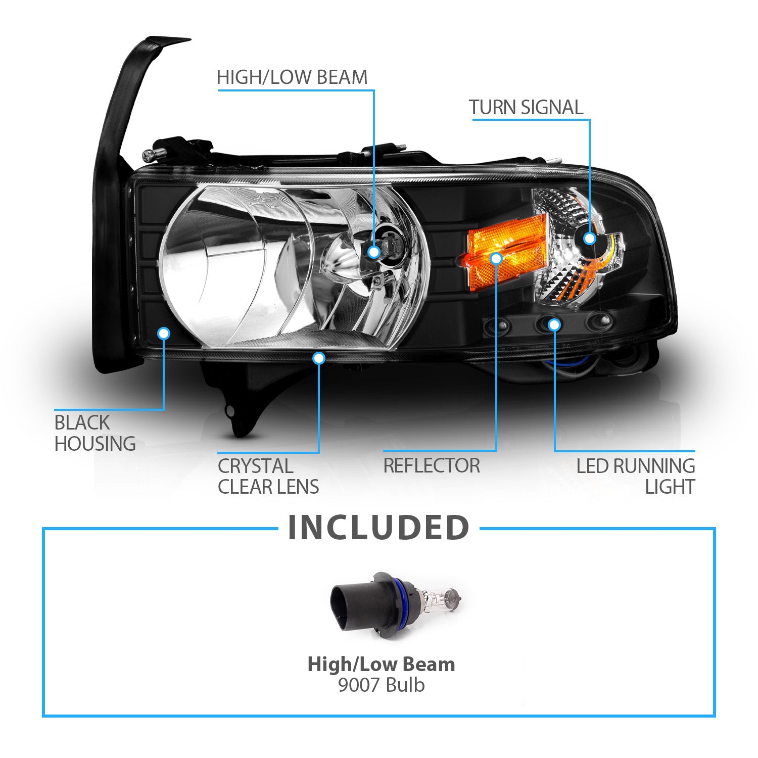 DODGE RAM 94-01 CRYSTAL HEADLIGHTS BLACK W/ LED AMBER