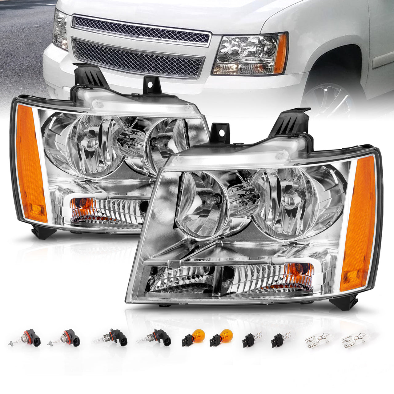 CHEVY TAHOE/SUBURBAN/AVALANCHE 07-14 HEADLIGHTS CHROME AMBER (OE REPLACEMENT)