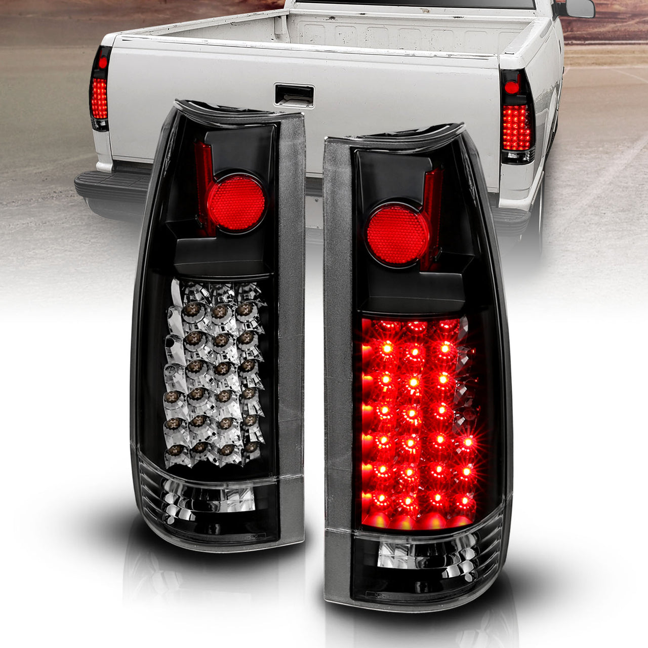 Chevy/GMC C/K 1500/2500/3500 88-99, SUBURBAN/YUKON 92-00, TAHOE 94-00, BLAZER 92-94, CADILLAC ESCALADE 99-00 LED TAIL LIGHTS BLACK HOUSING CLEAR LENS G2