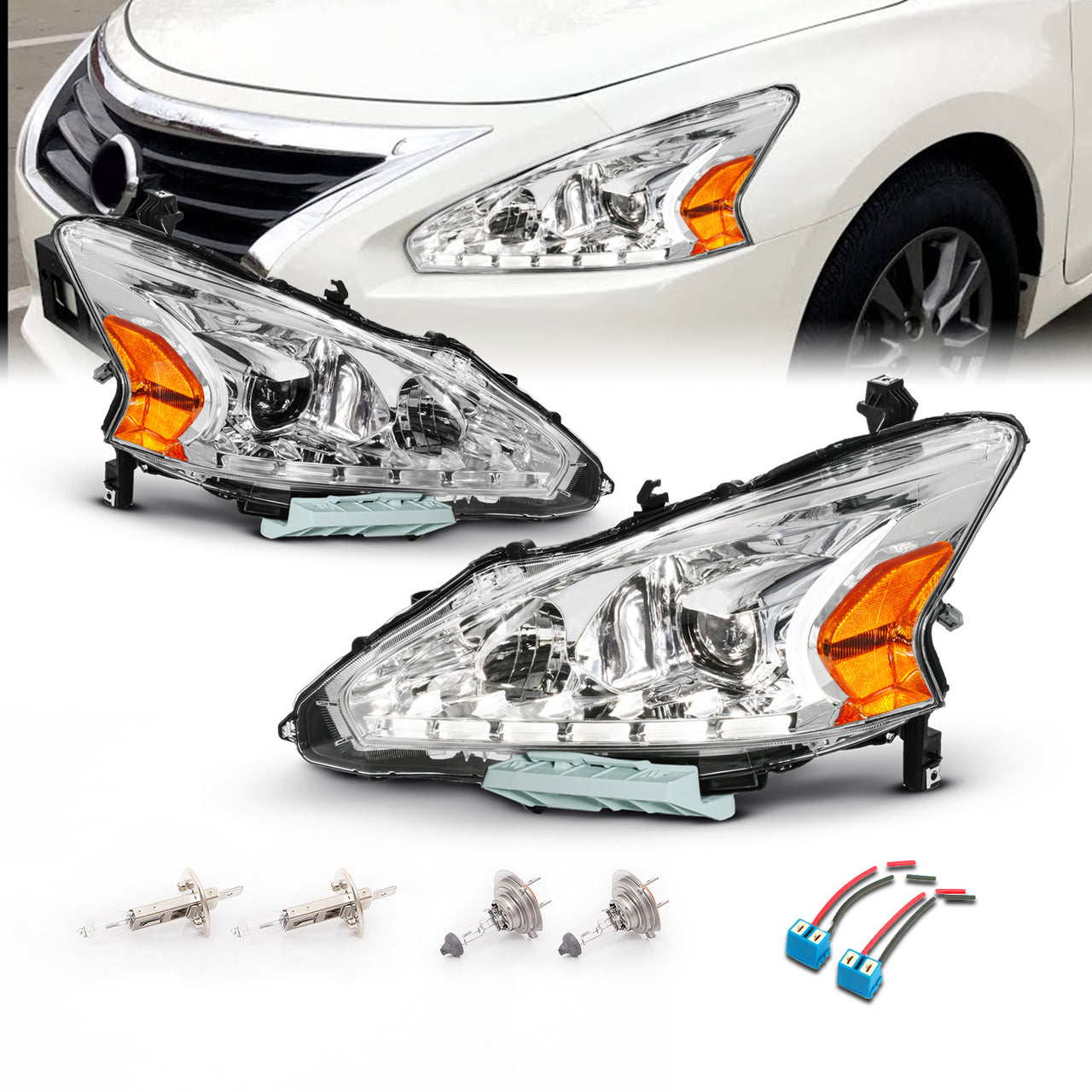 NISSAN ALTIMA 13-15 4DR PROJECTOR LIGHT BAR STYLE HEADLIGHTS CHROME CLEAR AMBER