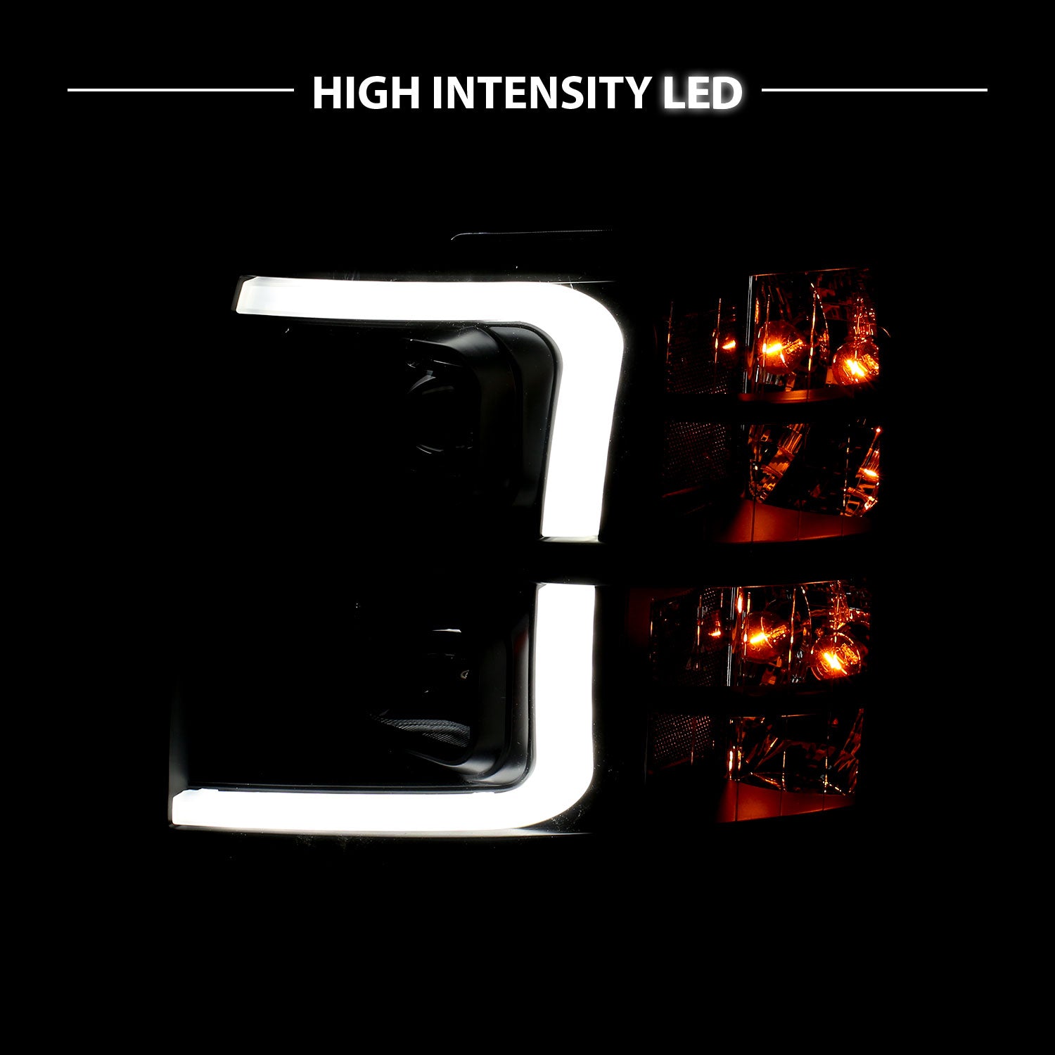 CHEVY SILVERADO 1500/2500/3500 07-13/1500 HYBRID 09-13 LIGHT BAR STYLE HEADLIGHTS BLACK AMBER