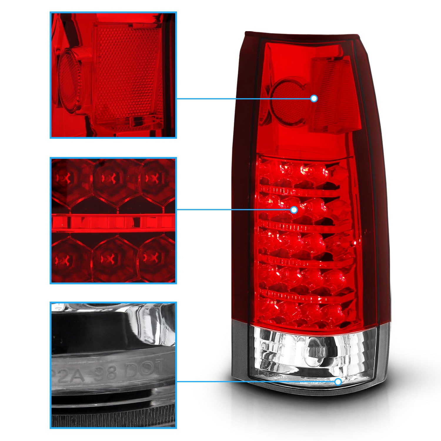 CHEVY /GMC C/K 1500/2500/3500 88-99, SUBURBAN/YUKON 92-00, TAHOE 94-00, BLAZER 92-94, CADILLAC ESCALADE 99-00 LED TAIL LIGHTS CHROME HOUSING RED/CLEAR LENS