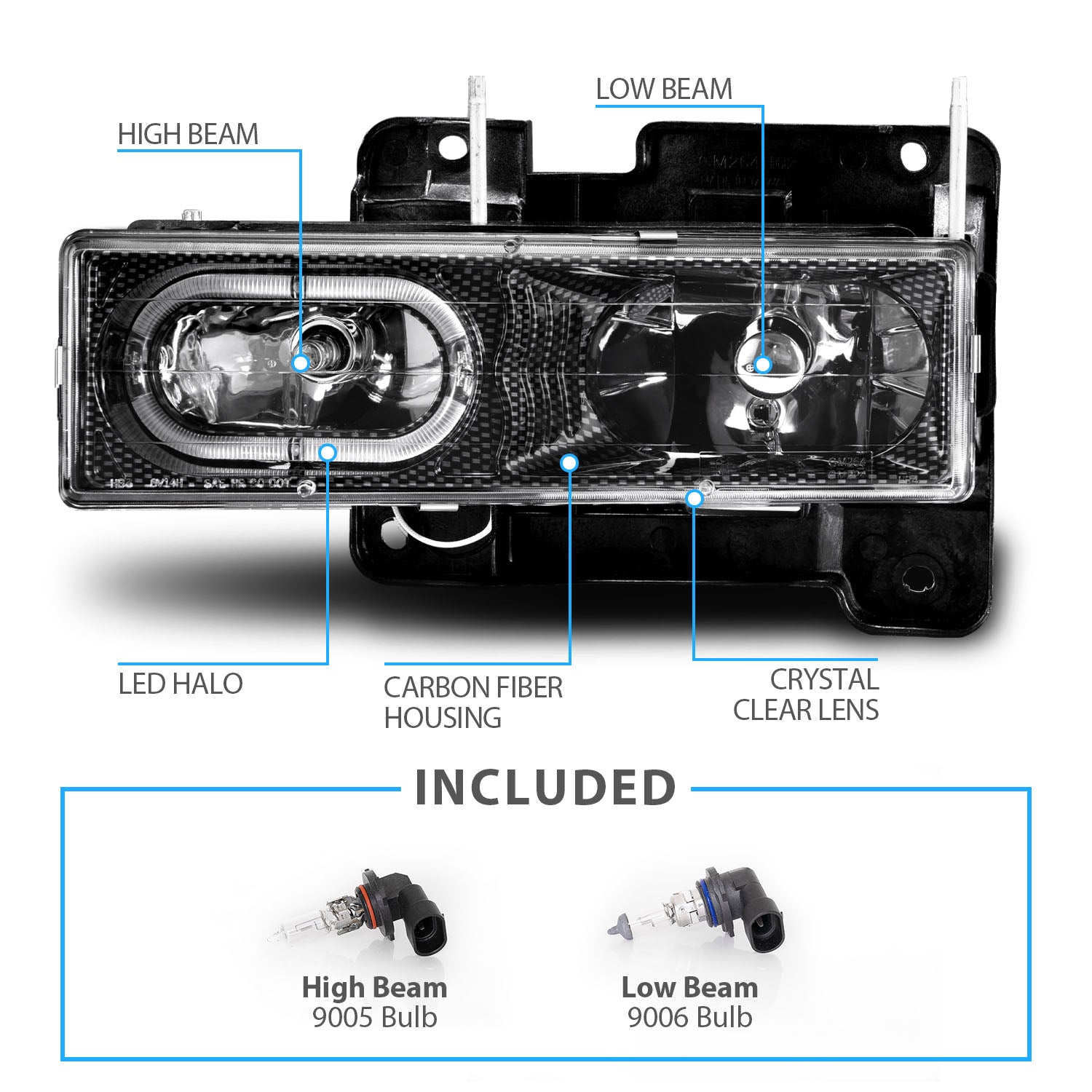 CHEVY FULLSIZE 88-98 CRYSTAL HEADLIGHTS HALO CARBON