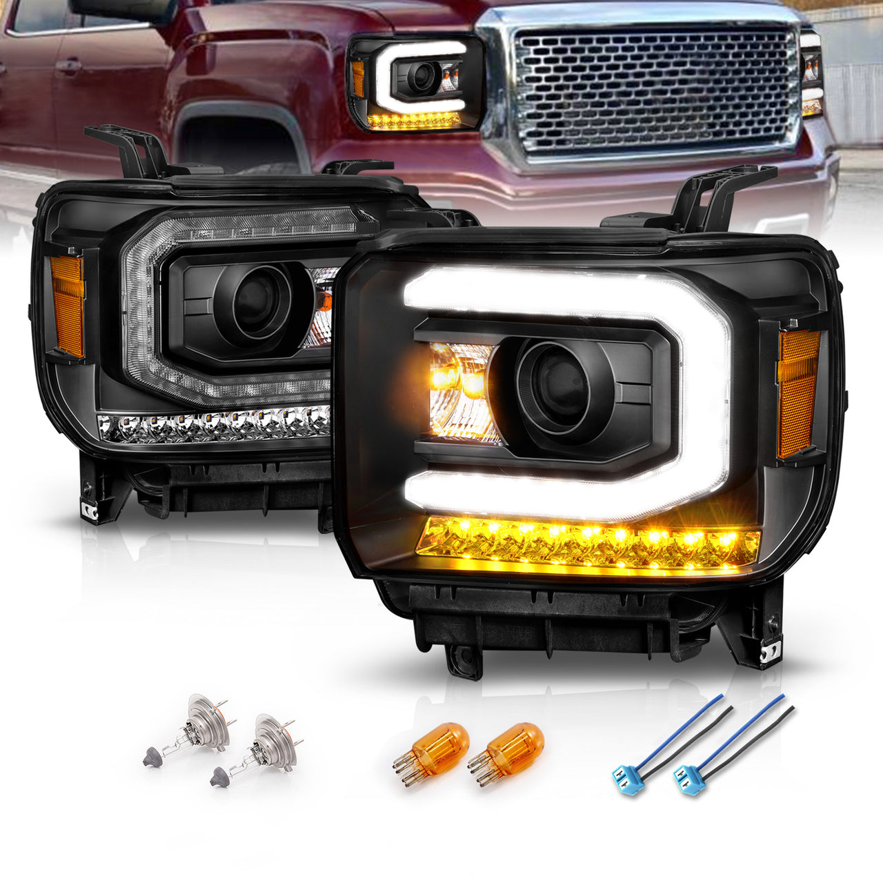 GMC SIERRA 1500 14-15/ 2500HD/3500HD 15-19 PROJECTOR  HEADLIGHTS LIGHT BAR BLACK  (HALOGEN TYPE MODEL W/ FACTORY DRL)