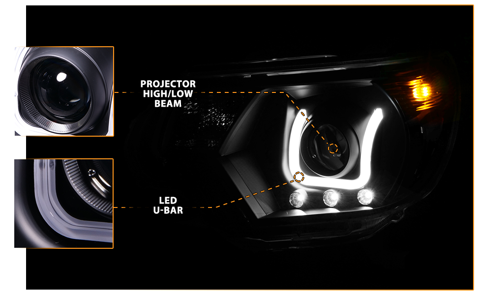 TOYOTA TACOMA 2012 PROJECTOR U-BAR STYLE HEADLIGHTS BLACK CLEAR AMBER
