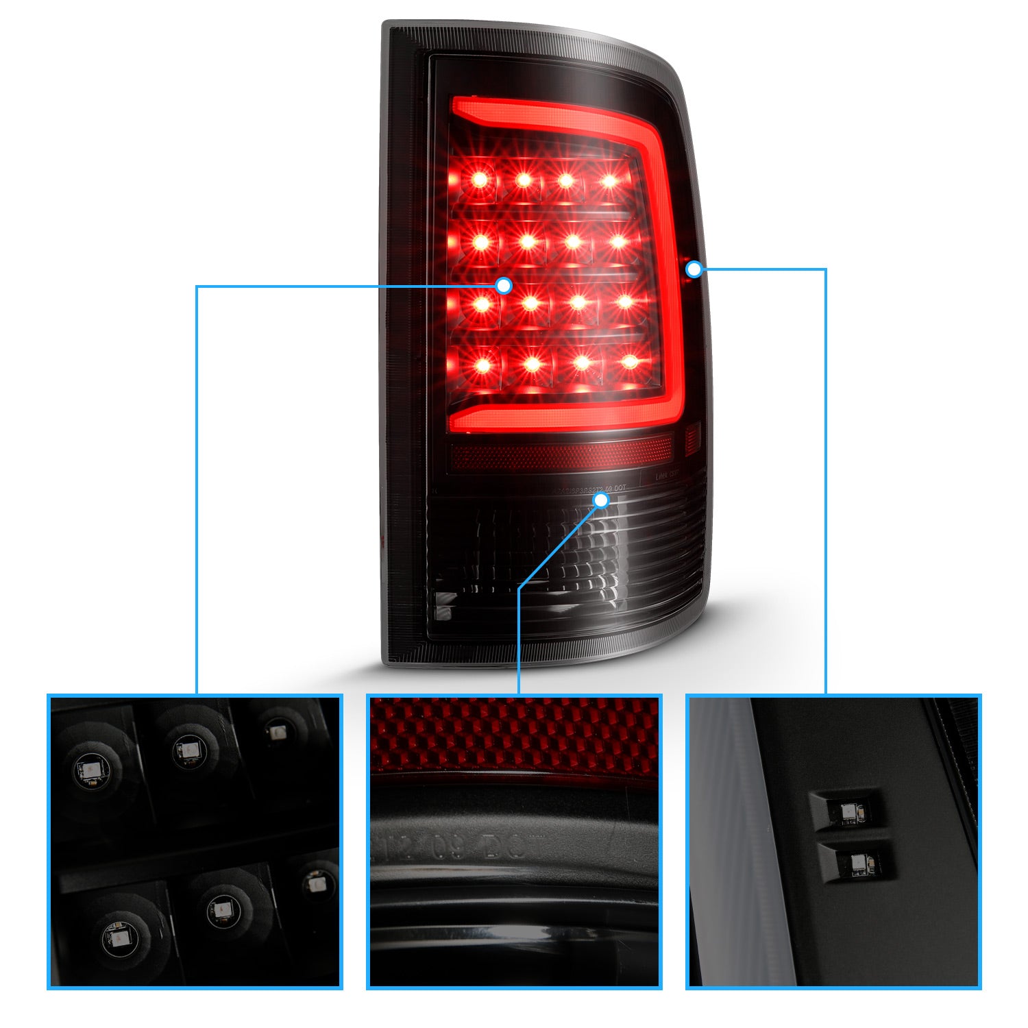 DODGE RAM 1500 09-18/ 2500 3500 10-18 LED TAIL LIGHTS BLACK HOUSING SMOKE LENS W/ C LIGHT BAR (NOT COMPATIBLE W/ ORIGINAL LED VERSION)