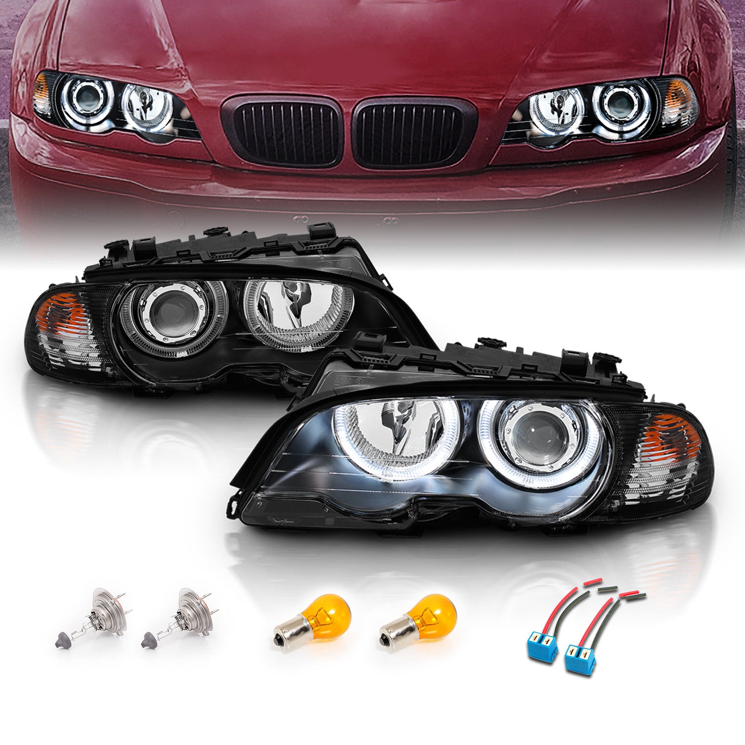 BMW 3 SERIES E46 (M3) 99-01 2DR PROJECTOR HEADLIGHTS W/ CORNER LIGHTS HALO BLACK CLEAR