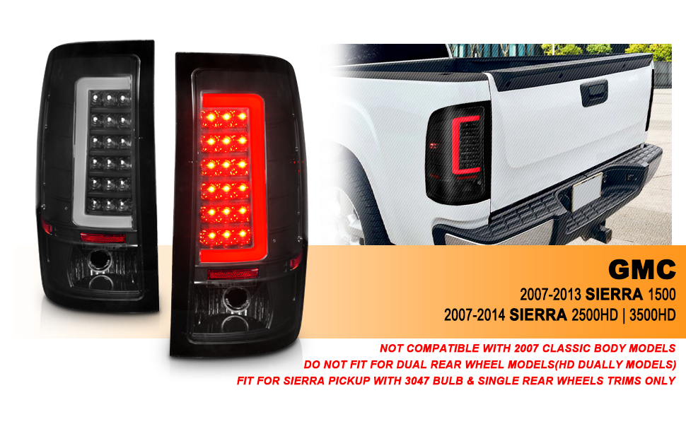 GMC SIERRA 1500 07-13 (EXCEPT '07 CLASSIC) / SIRRA 2500/3500 '07-'14 LED TAIL LIGHTS  BLACK HOUSING SMOKE LENS W/ C LIGHT BAR