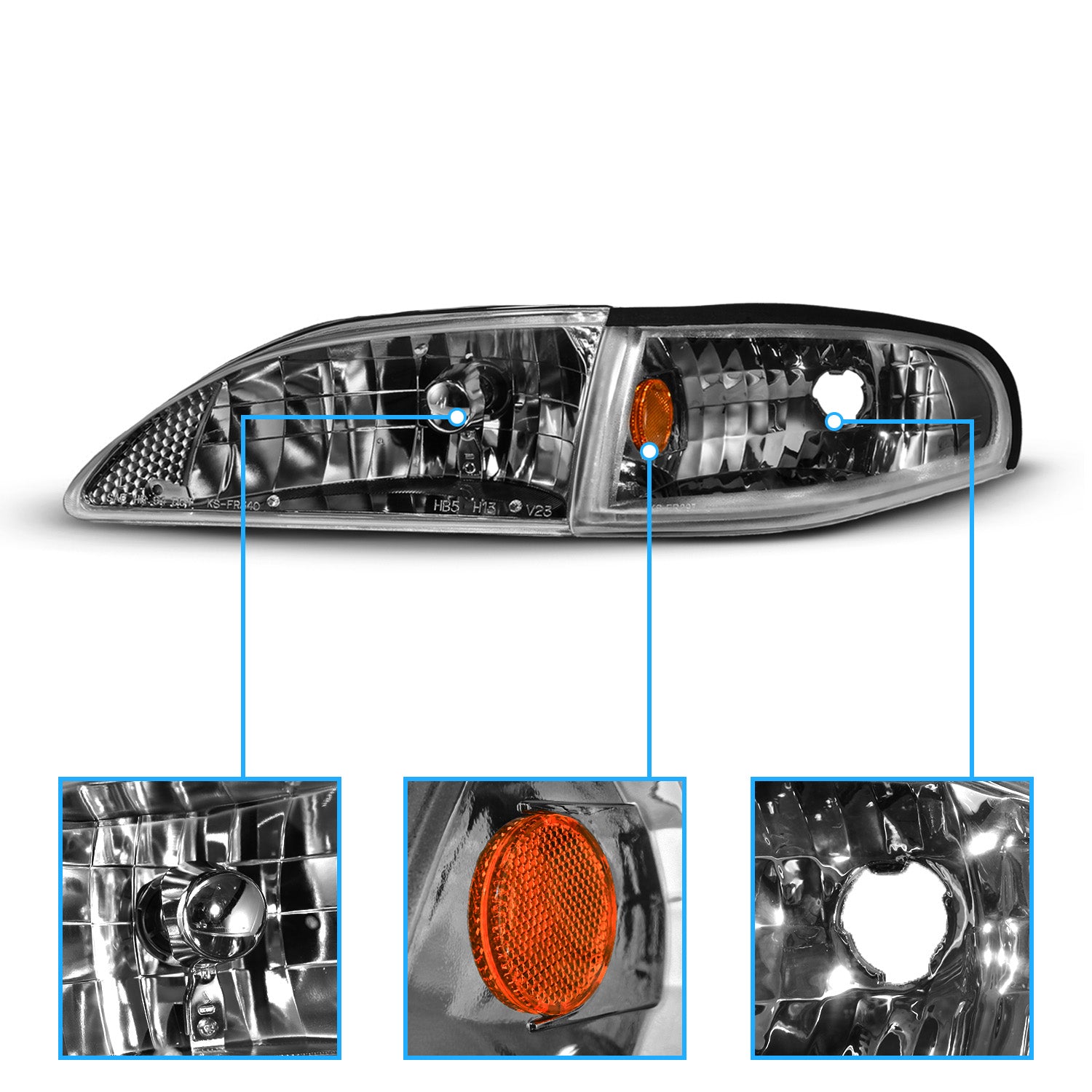 FORD MUSTANG 94-98 CRYSTAL HEADLIGHTS CHROME W/ CORNER AMBER