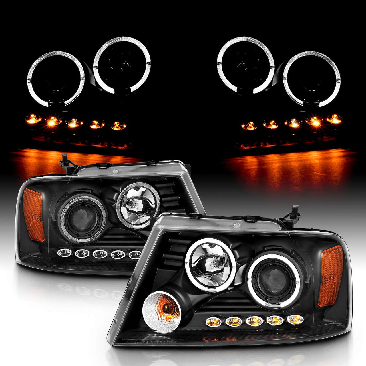 FORD F-150 04-08 PROJECTOR HEADLIGHTS 2 HALO LED BLACK CLEAR AMBER