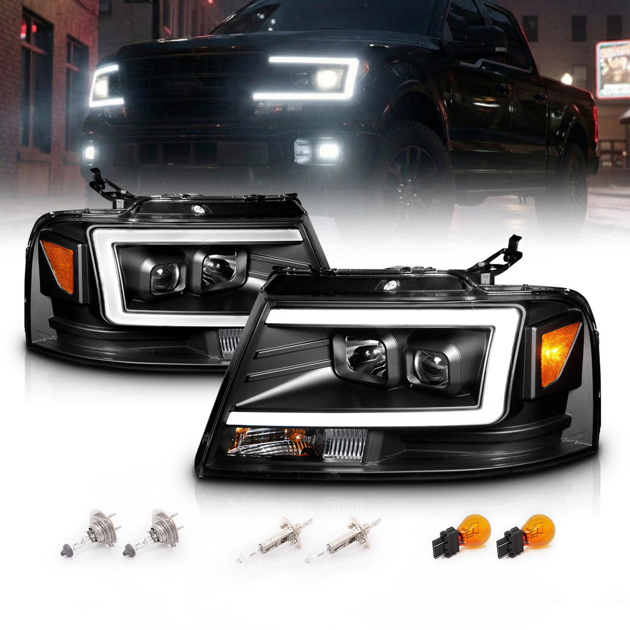 FORD F150 04-08/ LINCOLN MARK LT 06-07 PROJECTOR HEADLIGHTS BLACK AMBER(C LIGHTS BAR)