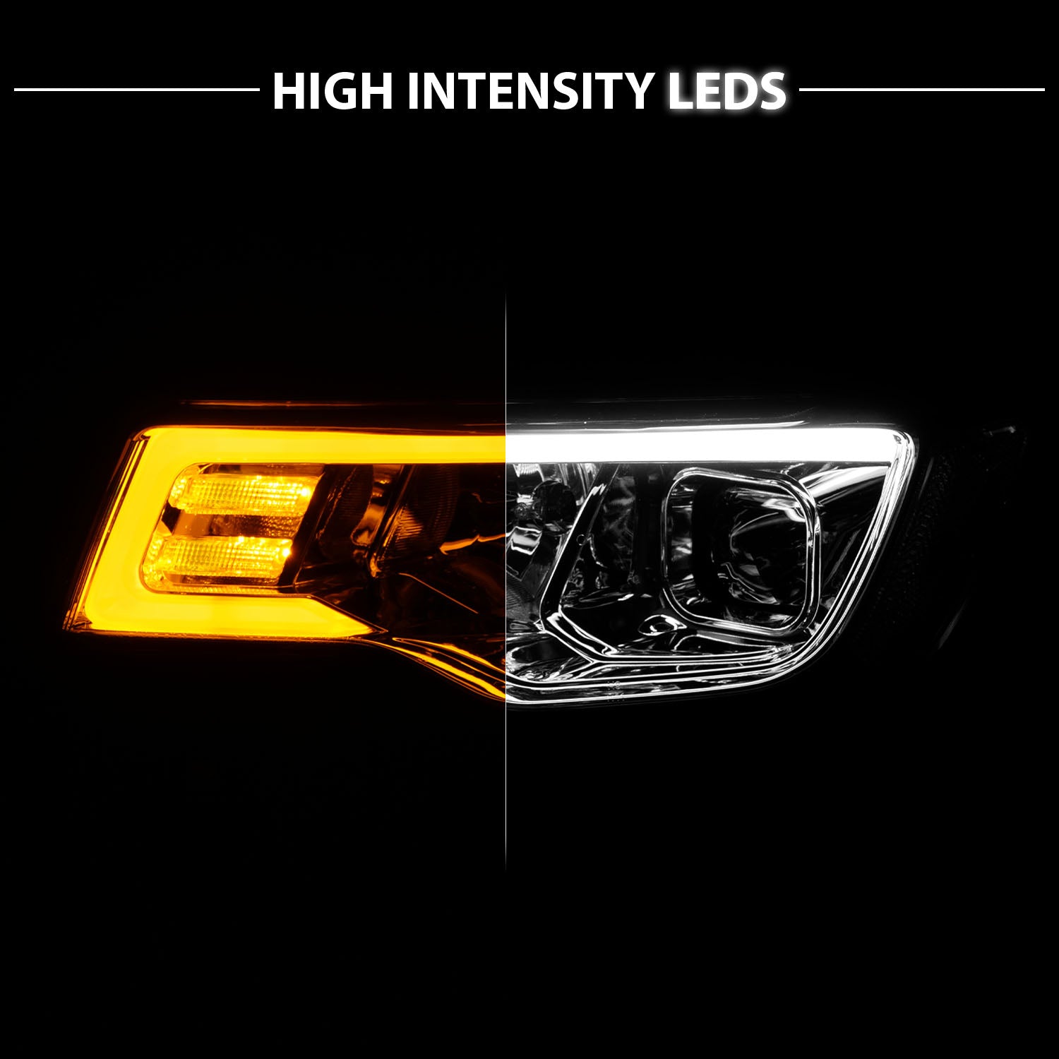 JEEP GRAND CHEROKEE 17-18 HEADLIGHTS PROJECTOR LIGHT BAR STYLE SWITCHBACK HEADLIGHTS CHROME AMBER
