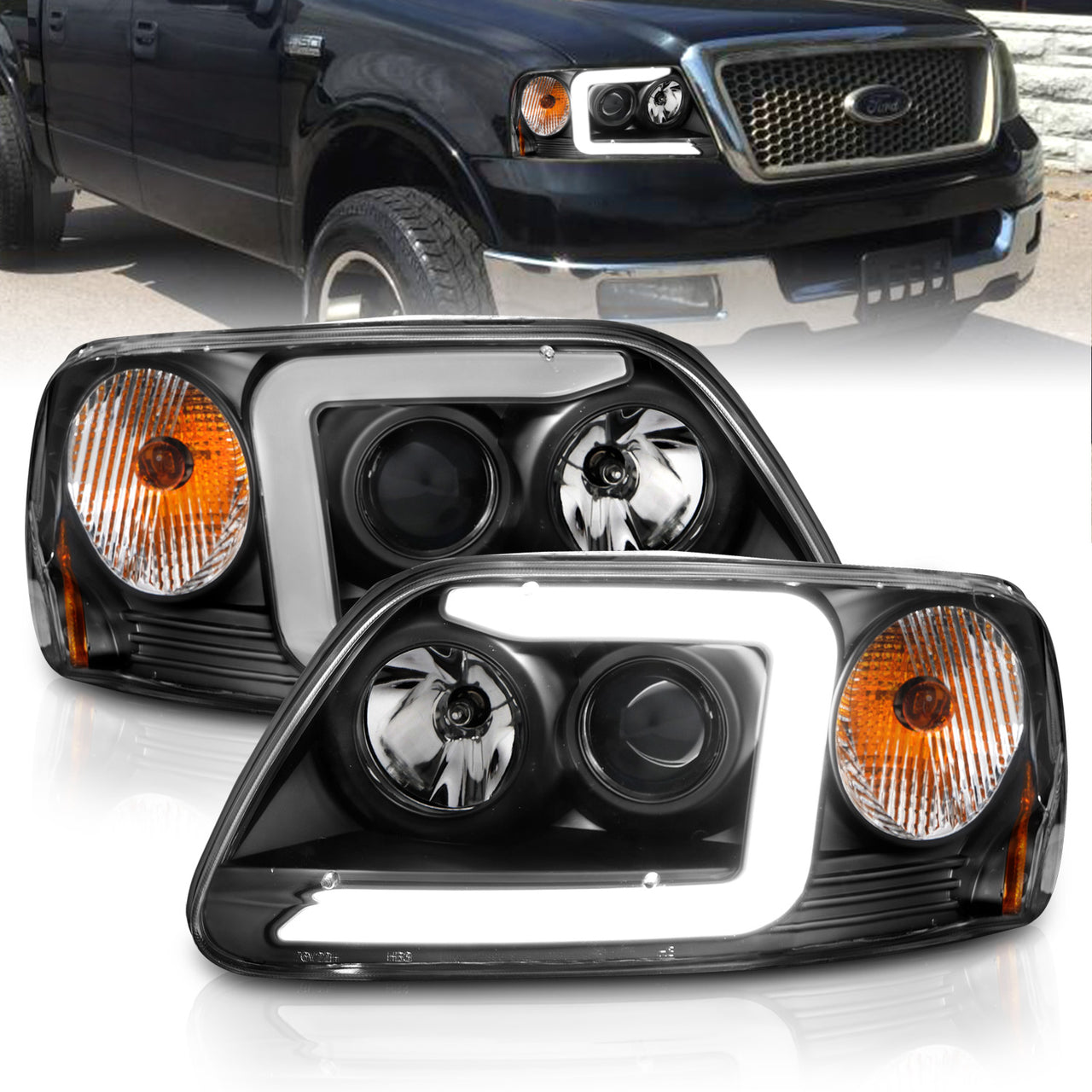 FORD F-150 97-04 (01-04: XL/XLT/LARIAT MODEL: W/O STX OR HERITAGE EDITION) PROJECTOR HEADLIGHTS BLACK AMBER (C LIGHT BAR)