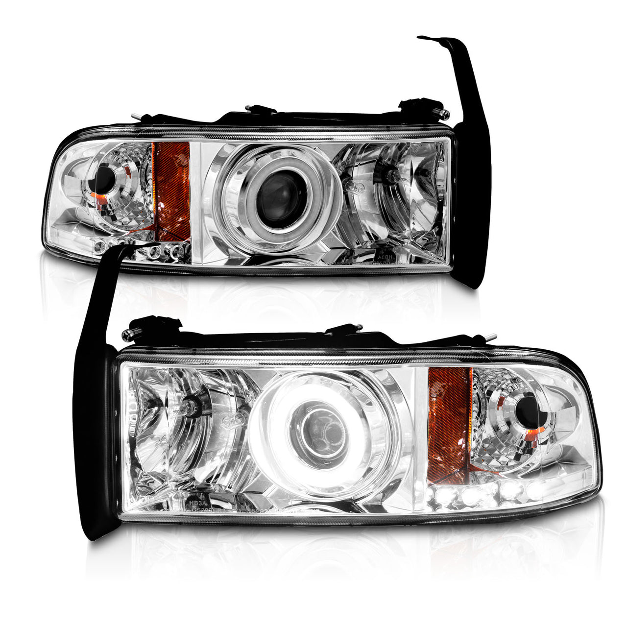 DODGE RAM 94-01 PROJECTOR HEADLIGHTS HALO CHROME CLEAR AMBER (RX HALO)