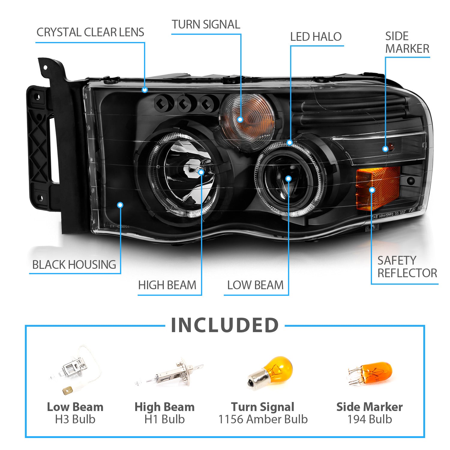 DODGE RAM 1500 02-05 - 2500/3500 03-05 PROJECTOR H.L WHITE PLUS LED HALO BLACK CLEAR AMBER
