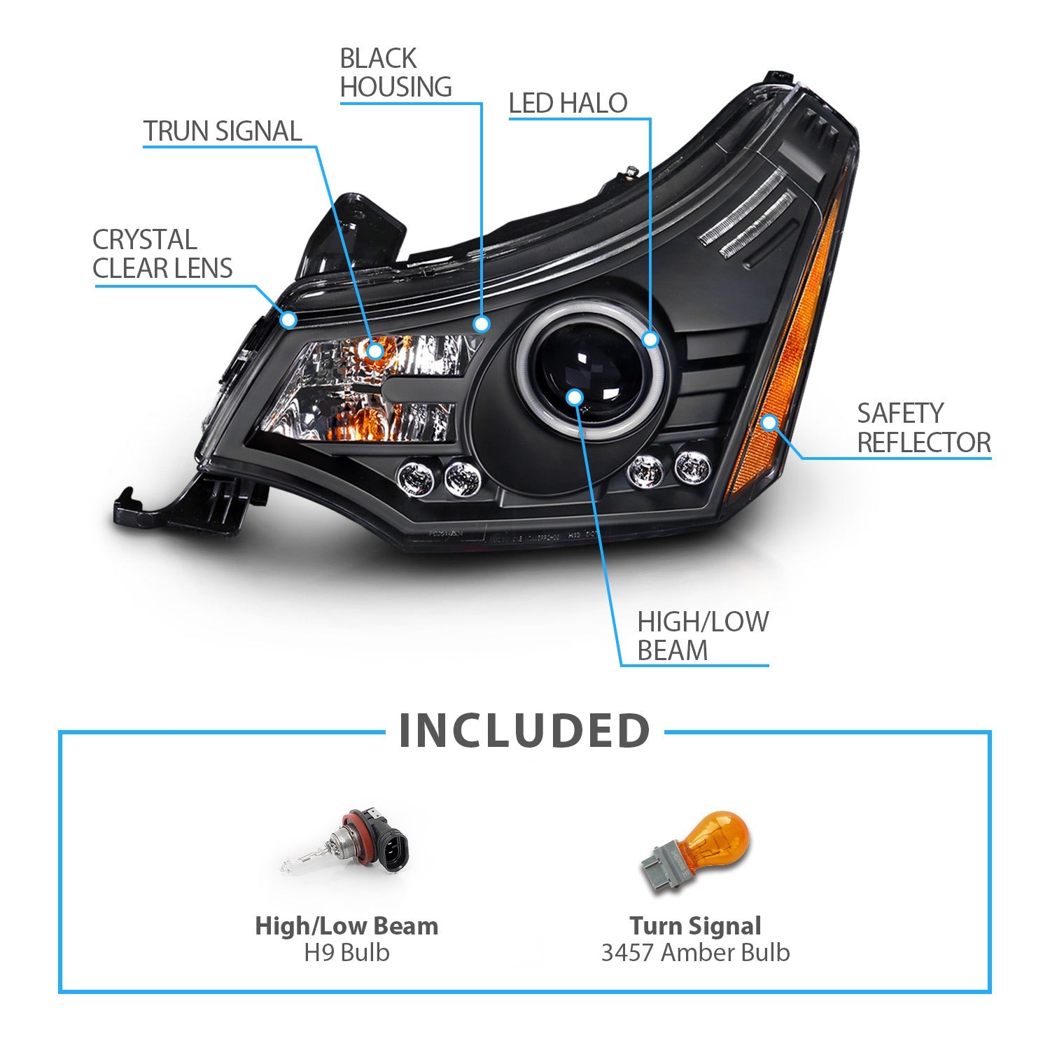 FORD FOCUS 08-11 PROJECTOR HEADLIGHTS BLACK CLEAR (RX HALO)
